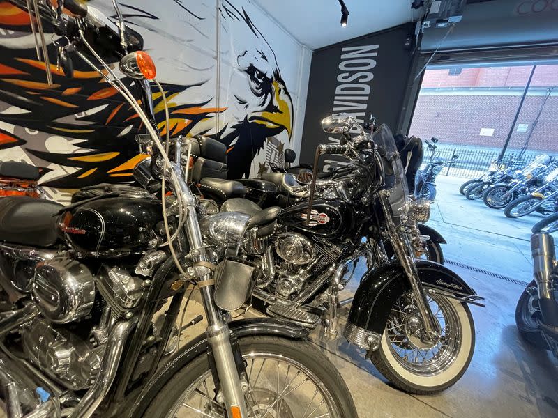 FILE PHOTO: Harley-Davidson motorcycles stand in a garage at Harley-Davidson dealer, in Chicago