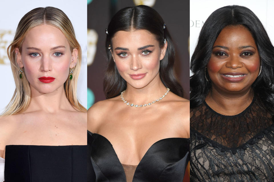 <p>Jennifer Lawrence, Amy Jackson, and Octavia Spencer all rocked their own fierce versions of middle parts. (Photo: Getty Images) </p>