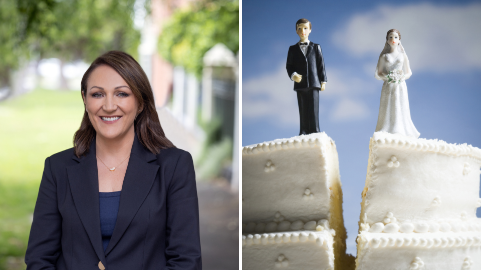 Composite image of Christina Salvo and wedding cake split in half. Divorce concept.