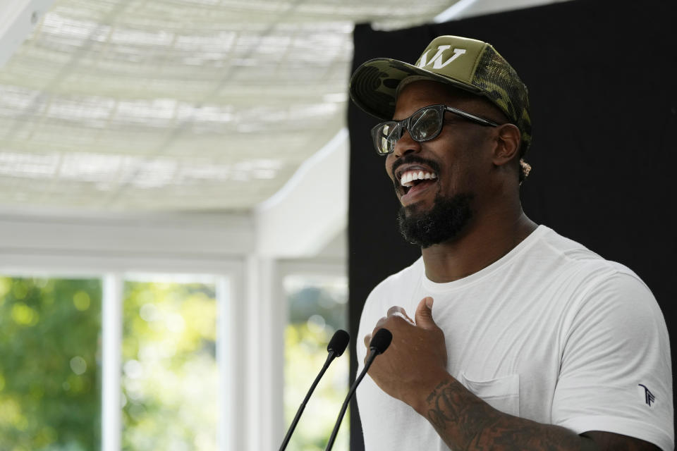 Buffalo Bills linebacker Von Miller speaks with media after a practice session in Watford, Hertfordshire, England, north-west of London, Friday, Oct. 6, 2023. The Buffalo Bills will take on the Jacksonville Jaguars in a regular season game at Tottenham Hotspur Stadium on Sunday. (AP Photo/Steve Luciano)