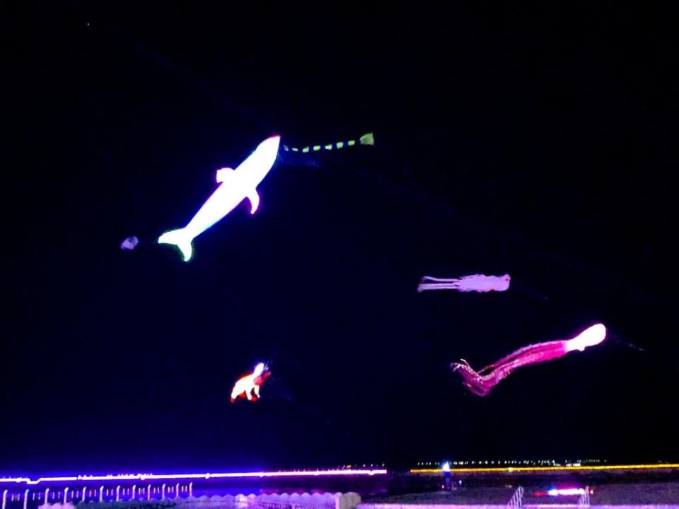澎湖追風音樂節造型夜光風箏在夜空中相當搶眼。（記者張翔翻攝）
