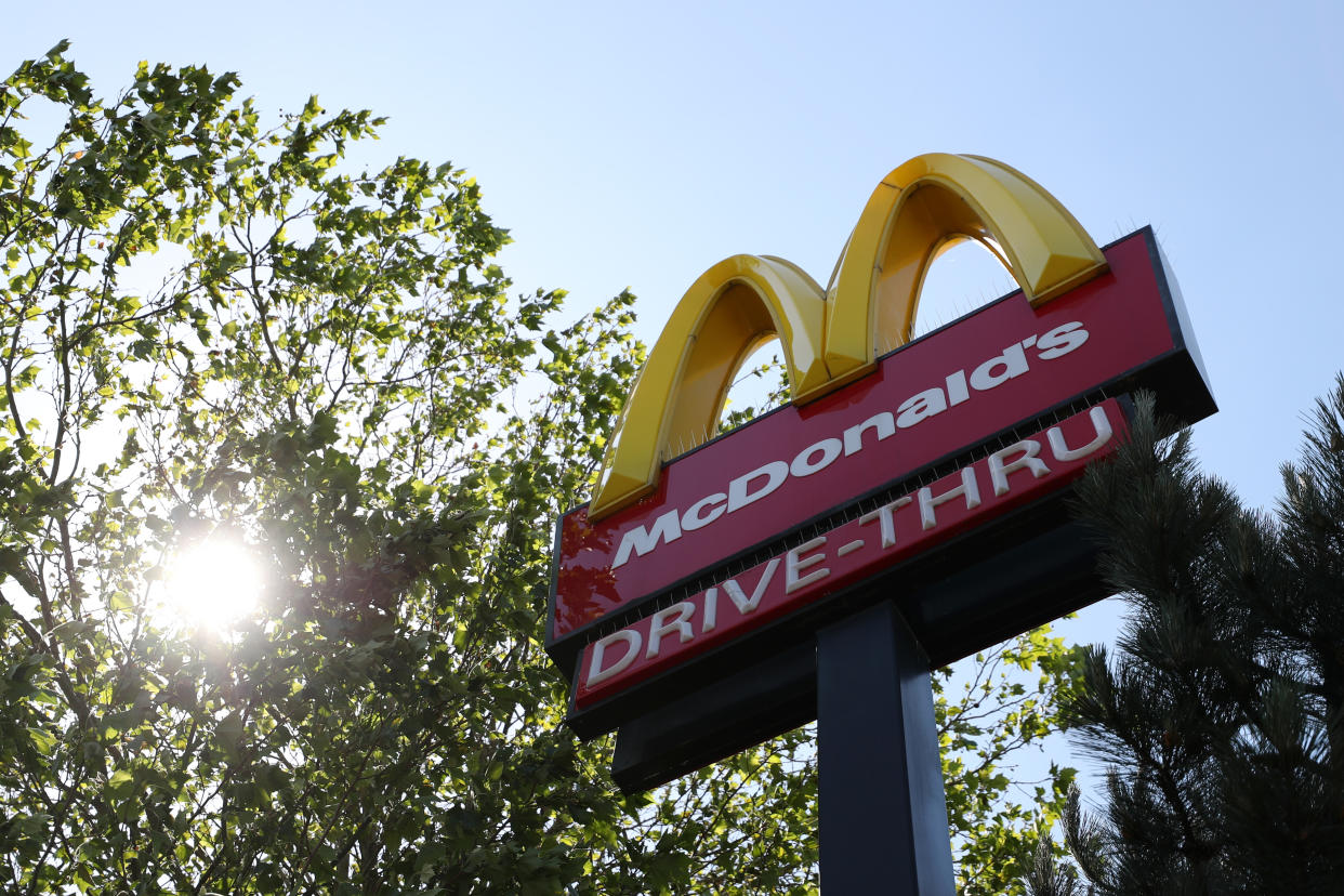 SOUTHAMPTON, ENGLAND  - MAY 30: A sign is seen for McDonald's in Southampton which also has a Drive Thru on May 30, 2020 in Southampton, England. The British government continues to ease the coronavirus lockdown by announcing schools will open to reception year pupils plus years one and six from June 1st. Open-air markets and car showrooms can also open from the same date.  (Photo by Naomi Baker/Getty Images)