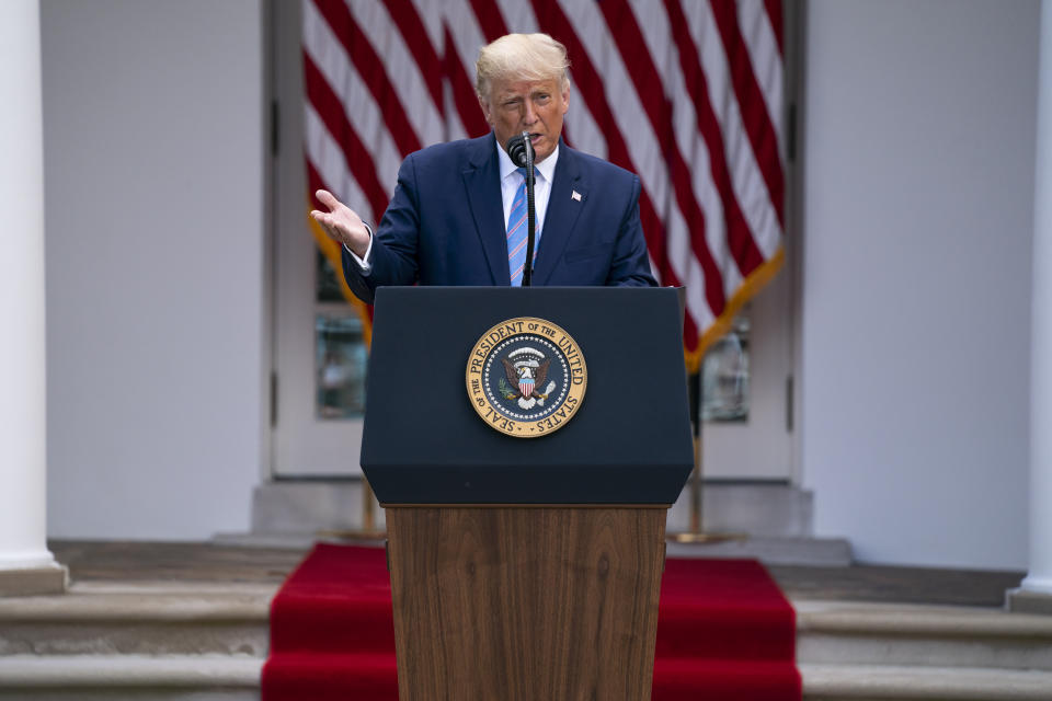 President Donald Trump speaks about coronavirus testing strategy, in the Rose Garden of the White House, Monday, Sept. 28, 2020, in Washington. (AP Photo/Evan Vucci)