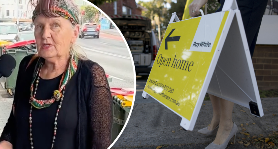 Woman talking about her property next to an open home sign