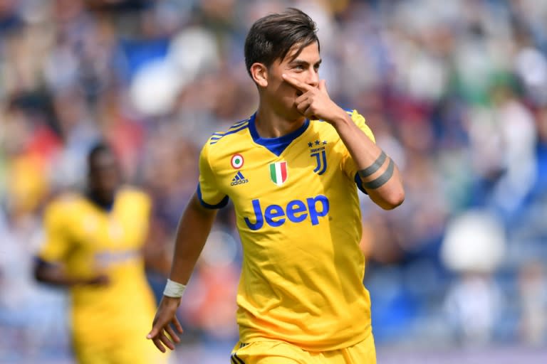 Juventus forward Paulo Dybala celebrates after scoring a goal against on September 17, 2017 at the Mapei Stadium in Reggio Emilia