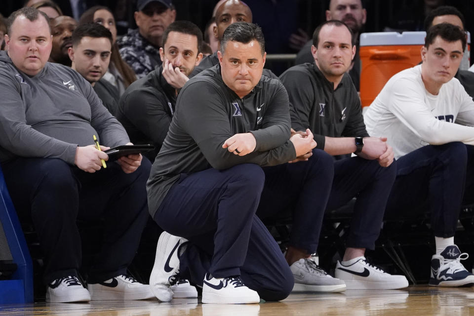 Xavier head coach Sean Miller works the bench in the first half of an NCAA college basketball game against DePaul during the second round of the Big East conference tournament, Thursday, March 9, 2023, in New York. (AP Photo/John Minchillo)