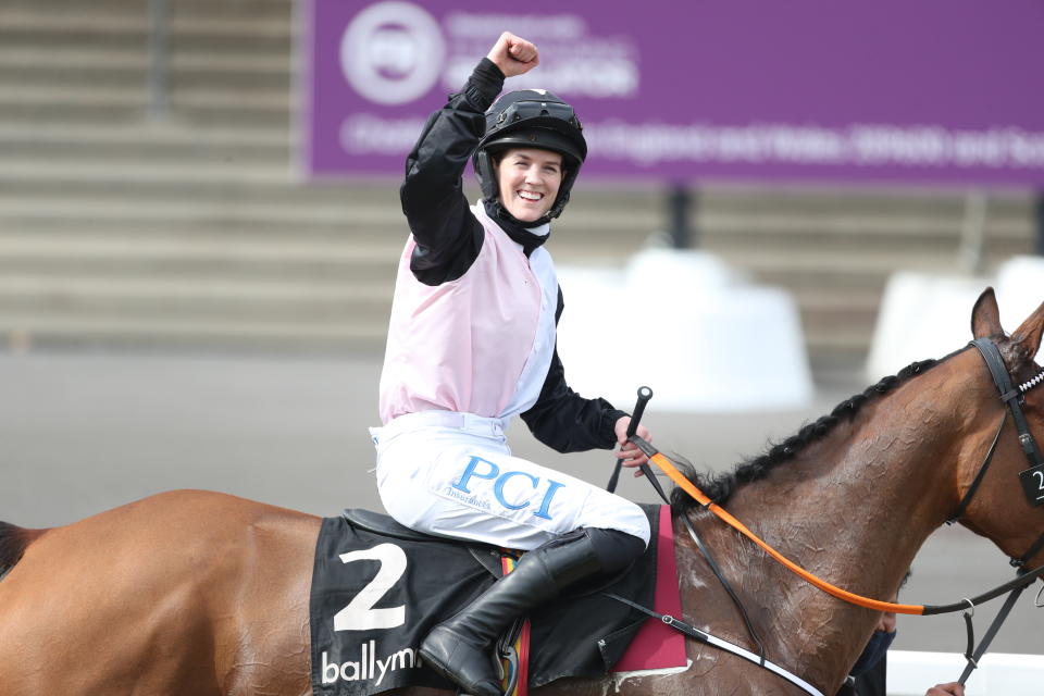 Rachael Blackmore celebrates victory with Bob Olinger on day two of the Cheltenham Festival.  Photo credit: David Davies/PA Wire for the Jockey Club.