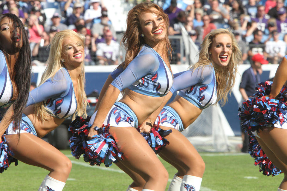 <p>Tennessee Titans cheerleaders entertain the crowd during a timeout of the game against the Baltimore Ravens on November 05, 2017 at Nissan Stadium in Nashville, Tennessee. (Photo by Matthew Maxey/Icon Sportswire via Getty Images) </p>