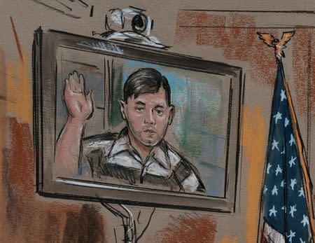 James Alex Fields Jr. is seen via video link from jail as he appears before Judge Robert Downer and Commonwealth attorneys Nina-Alice Antony (2nd R) and Warner Chapman (R) in an artists rendering of his bail hearing at the Charlottesville City Court in Charlottesville, Virginia, August 14, 2017. REUTERS/William Hennessy Jr.