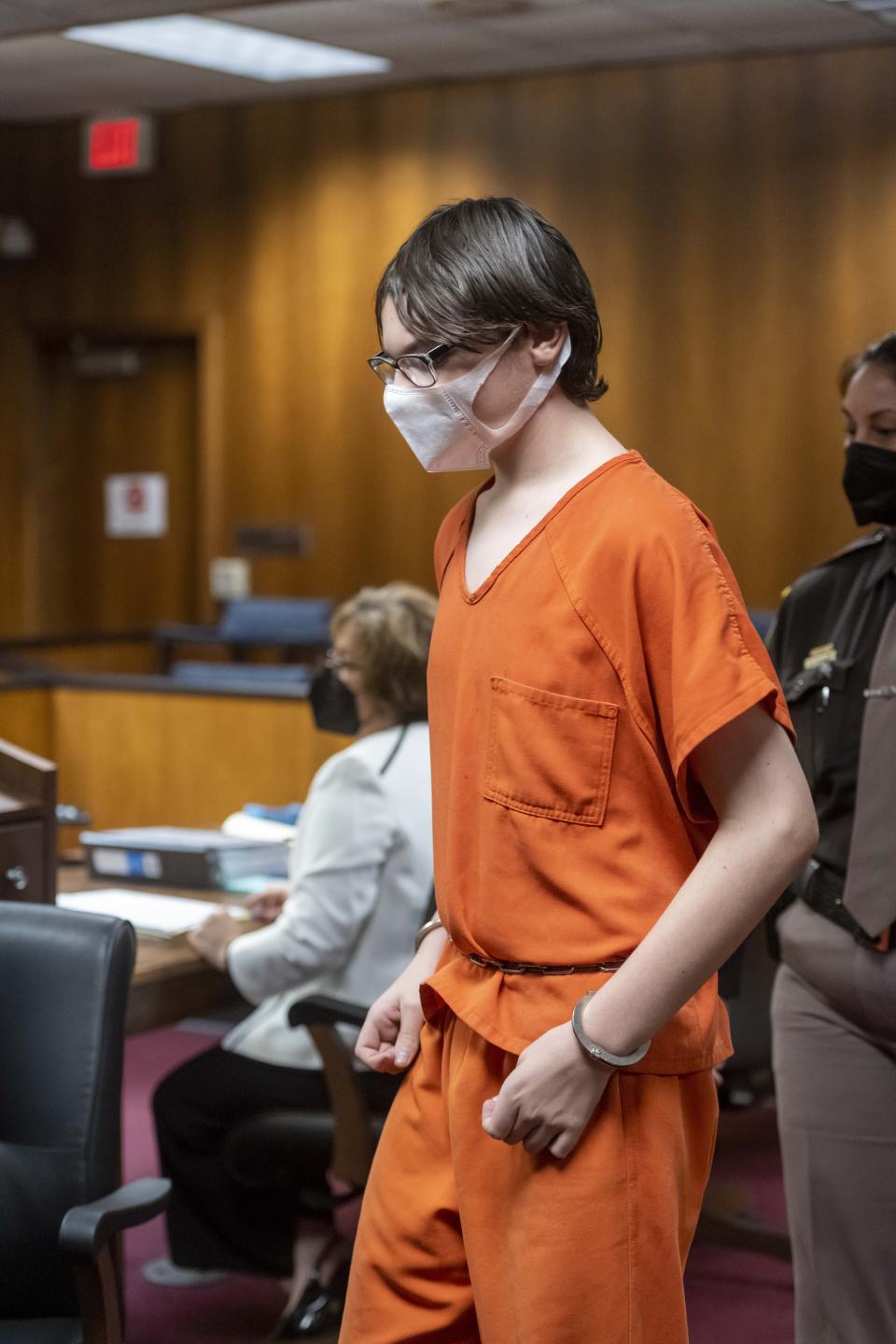 Ethan Crumbley attends a hearing at Oakland County circuit court in Pontiac, Mich., on Tuesday, Feb. 22, 2022. Crumbley is in a mass shooting that left four students dead in Nov. 2021 at his high school. (David Guralnick/Detroit News via AP, Pool)