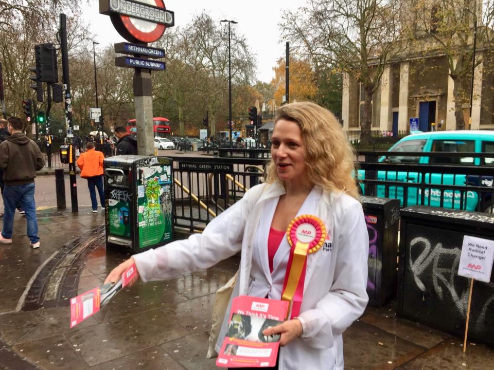 Animal Welfare Party leader Vanessa Hudson campaigning in Bethnal Green and Bow