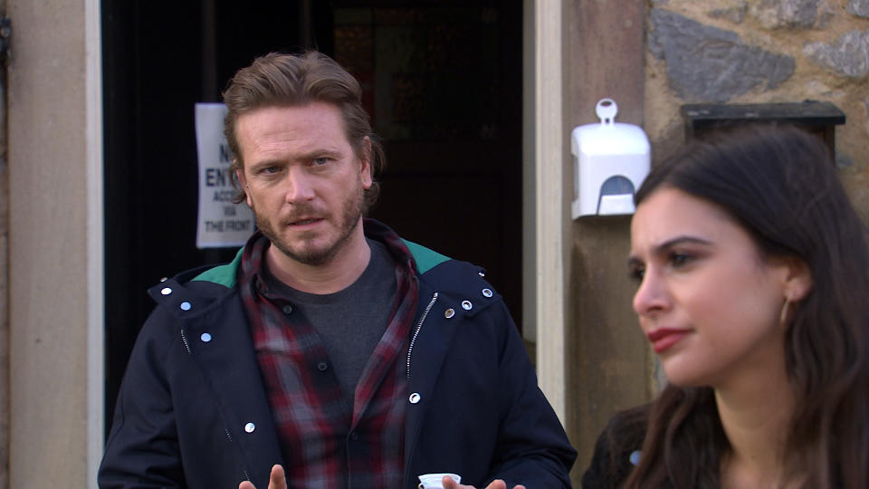 FROM ITV

STRICT EMBARGO 
Print media - No Use Before Tuesday 27th April 2021
Online Media - No Use Before 0700hrs  Tuesday 27th April 2021

Emmerdale - Ep 9038

Tuesday 4th May 2021

As Leyla Harding [ROXY SHAHIDI] and David Metcalfe [MATTHEW WOLFENDEN] and platonically part ways, Meena PAIGE SANDHU] rages to see them so close. Thinking Leyla is trying to steal David, Meena rudely interrupts Liam Cavanaghâ€™s [JOHNNY McPHERSON] attempted proposal to Leyla. 

Picture contact David.crook@itv.com 

This photograph is (C) ITV Plc and can only be reproduced for editorial purposes directly in connection with the programme or event mentioned above, or ITV plc. Once made available by ITV plc Picture Desk, this photograph can be reproduced once only up until the transmission [TX] date and no reproduction fee will be charged. Any subsequent usage may incur a fee. This photograph must not be manipulated [excluding basic cropping] in a manner which alters the visual appearance of the person photographed deemed detrimental or inappropriate by ITV plc Picture Desk. This photograph must not be syndicated to any other company, publication or website, or permanently archived, without the express written permission of ITV Picture Desk. Full Terms and conditions are available on  www.itv.com/presscentre/itvpictures/terms          