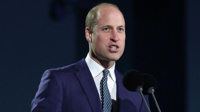 A close-up of Prince William in a blue suit and tie speaking to the audience