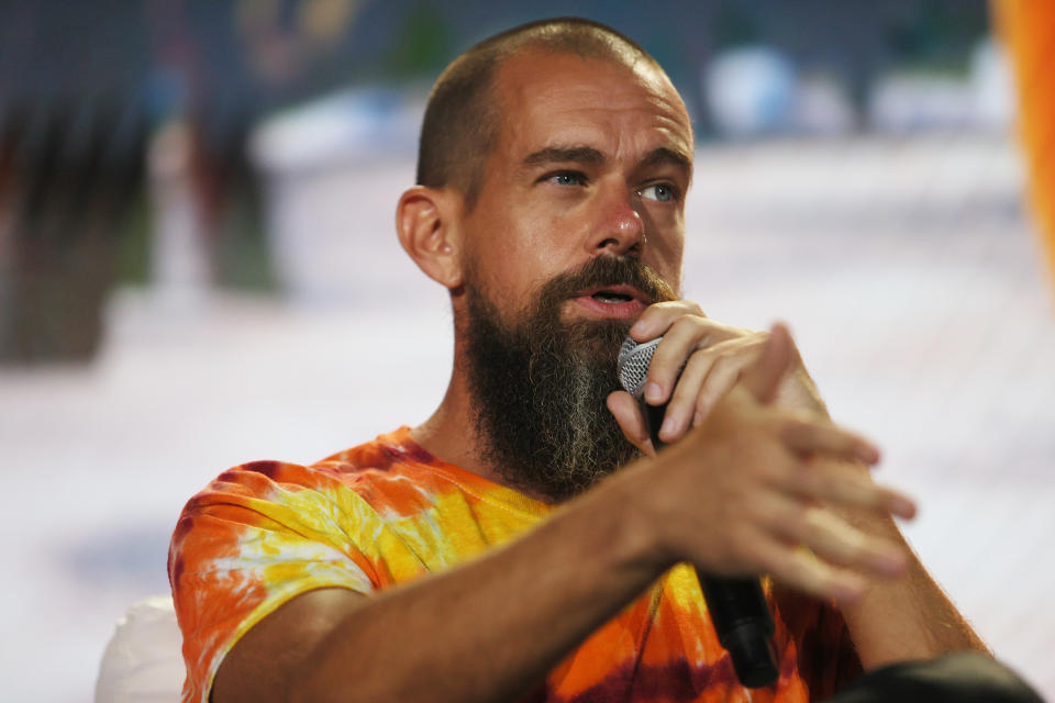 MIAMI, FLORIDA - JUNE 04:  Jack Dorsey creator, co-founder, and Chairman of Twitter and co-founder & CEO of Square speaks on stage at the Bitcoin 2021 Convention, a crypto-currency conference held at the Mana Convention Center in Wynwood on June 04, 2021 in Miami, Florida. The crypto conference is expected to draw 50,000 people and runs from Friday, June 4 through June 6th.  (Photo by Joe Raedle/Getty Images)