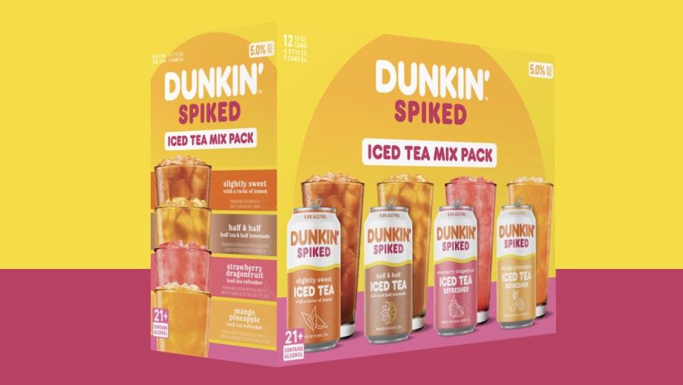 A yellow and red image showing a 12-can mix pack of Dunkin Donuts hard iced teas from Dunkin Spiked