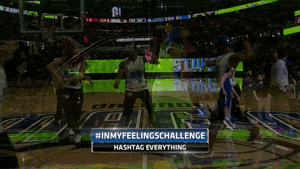 Mascot and fans dance on the basketball court for the #InMyFeelingsChallenge
