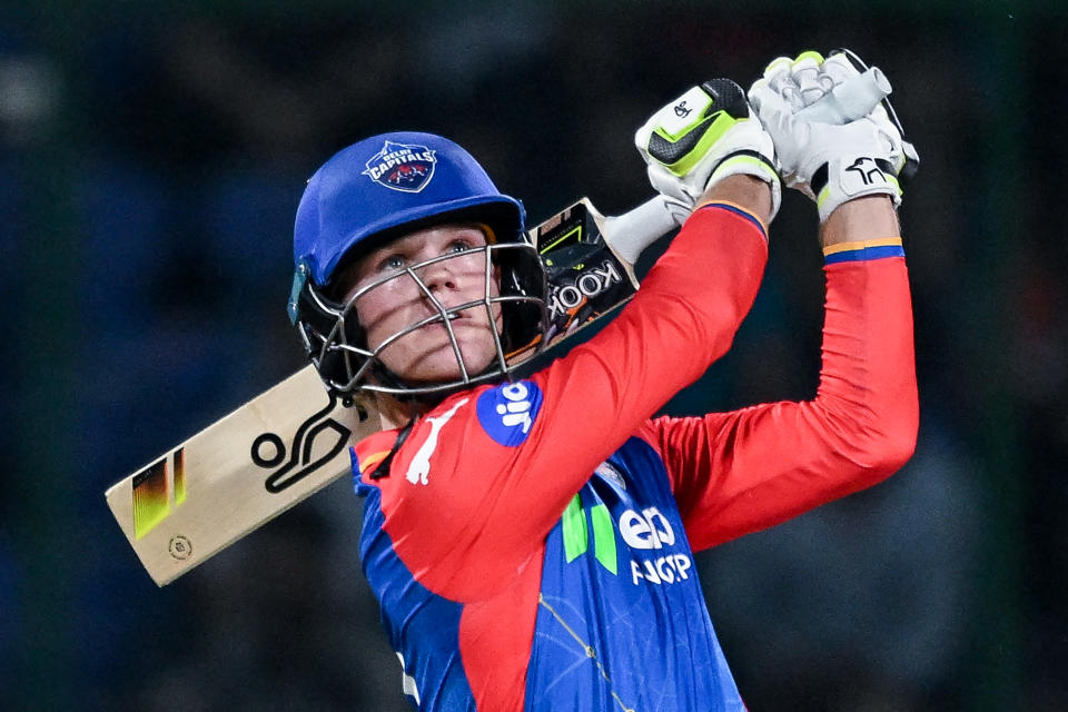 Delhi Capitals' Jake Fraser-McGurk watches the ball after playing a shot during the Indian Premier League (IPL) Twenty20 cricket match between Delhi Capitals and Sunrisers Hyderabad at the Arun Jaitley Stadium in New Delhi on April 20, 2024. (Photo by Money SHARMA / AFP) / -- IMAGE RESTRICTED TO EDITORIAL USE - STRICTLY NO COMMERCIAL USE -- (Photo by MONEY SHARMA/AFP via Getty Images)