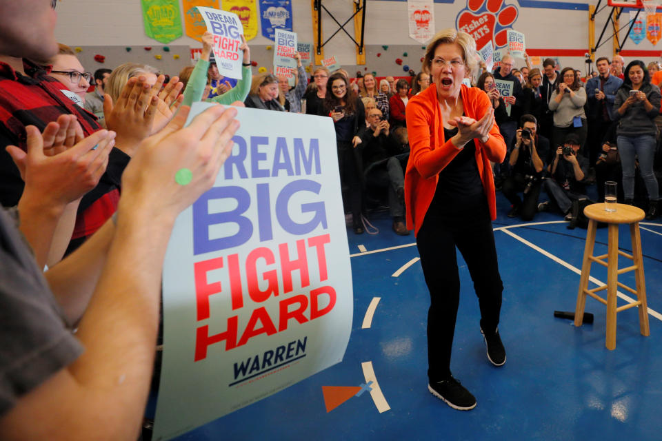 Senator Elizabeth Warren (D-MA) reacts to the crowd at the end of a campaign town hall meeting in Marshalltown, Iowa, U.S., January 12, 2020.   (Photo: Brian Snyder/Reuters)