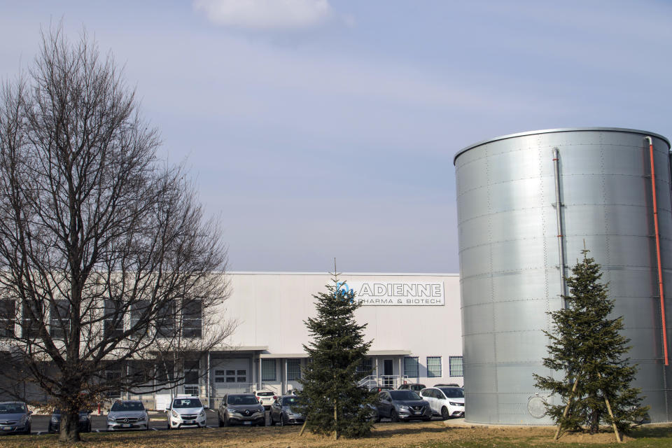 A view of the Adienne Srl plant pharmaceutical company in Caponago, near Milan, Italy, Tuesday, March 9, 2021. Russia signed a deal to produce 10 million doses of the Sputnik V coronavirus vaccine in Italy this year. The deal was announced by the Italian-Russian chamber of commerce and signed by Adienne Srl, the Italian subsidiary of a Swiss-based pharmaceutical company and the Russian Direct Investment Fund. (AP Photo/Alberto Pellaschiar)