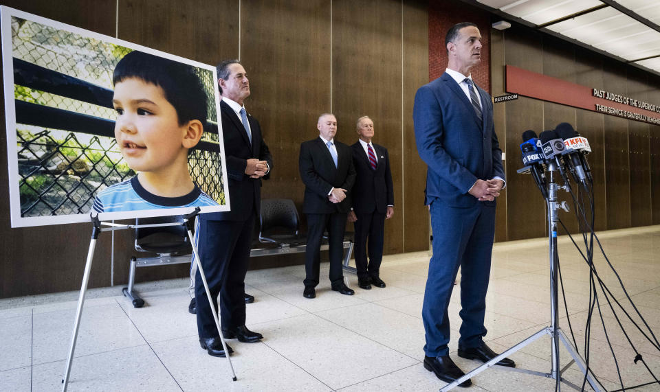 Senior Deputy District Attorney Dan Feldman speaks to the media after Marcus Eriz was found guilty of second degree murder, as well as shooting at an occupied vehicle, for the killing of six-year-old Aiden Leos (pictured) in Santa Ana, Calif. on Thursday, Jan. 25, 2024. (Paul Bersebach/The Orange County Register via AP)