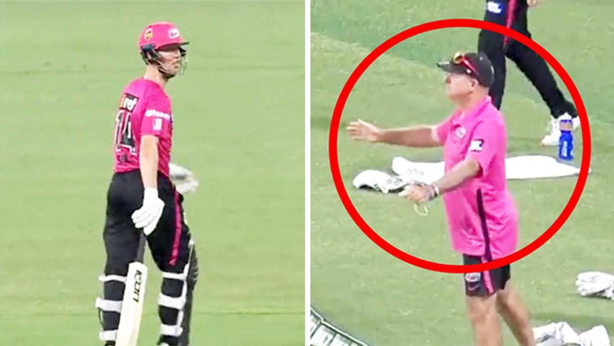 The Sixers staff (pictured right) gesturing to his player and (pictured left) Jordan Silk walking off the field in the Big Bash Challenger Final.