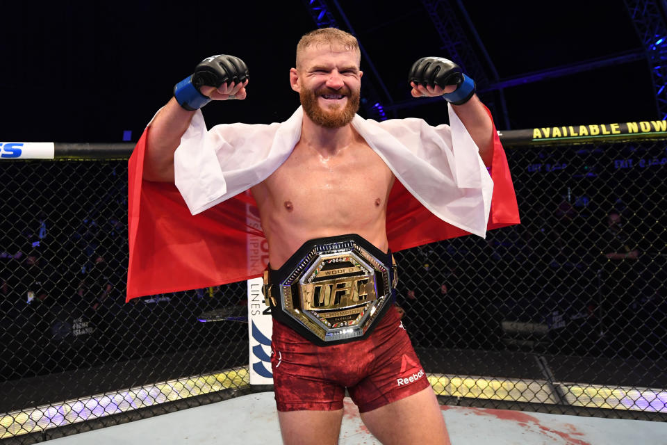 ABU DHABI, UNITED ARAB EMIRATES - SEPTEMBER 27:  Jan Blachowicz of Poland celebrates after defeating Dominick Reyes in their light heavyweight championship bout during UFC 253 inside Flash Forum on UFC Fight Island on September 27, 2020 in Abu Dhabi, United Arab Emirates. (Photo by Josh Hedges/Zuffa LLC)