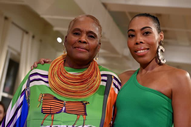 Cynthia Burt (left) and daughter Najla pose on the runway at the Dur Doux show during New York Fashion Week this month. (Photo: Shannon Finney via Getty Images)