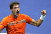 Pablo Carreno Busta, of Spain, reacts after defeating Denis Shapovalov, of Canada, during the quarterfinal round of the US Open tennis championships, early Wednesday, Sept. 9, 2020, in New York. (AP Photo/Frank Franklin II)