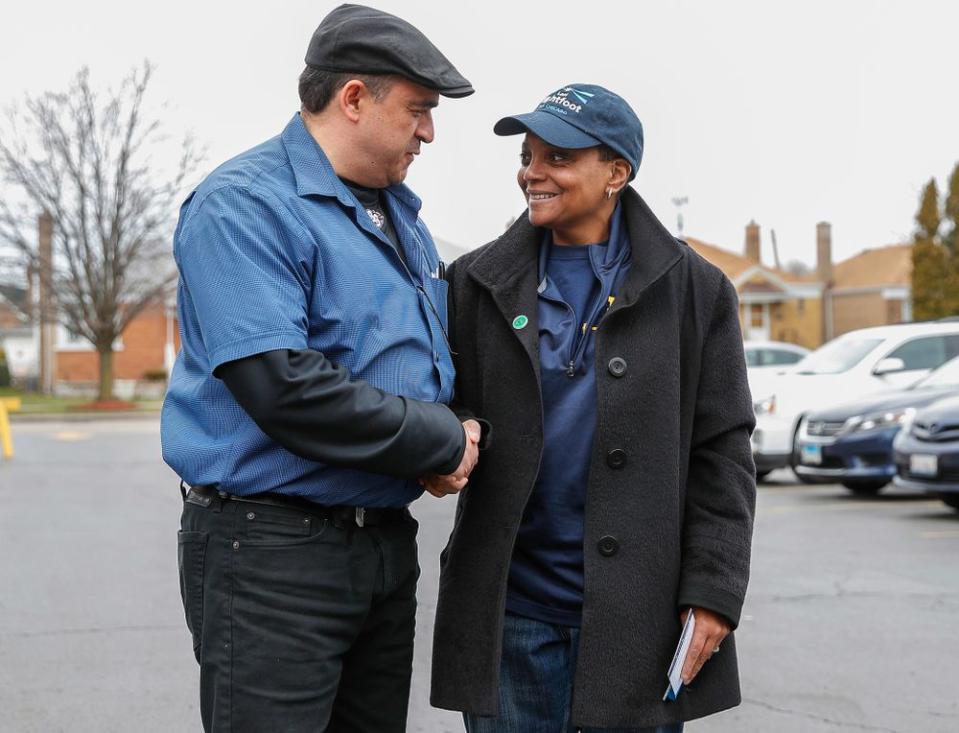 Lori Lightfoot (right) while campaigning to be Chicago's mayor | KAMIL KRZACZYNSKI/AFP/Getty