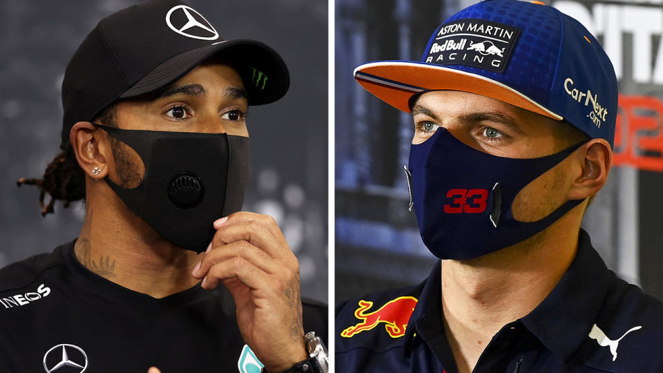 A 50-50 split image shows Lewis Hamilton on the left and Max Verstappen on the right.