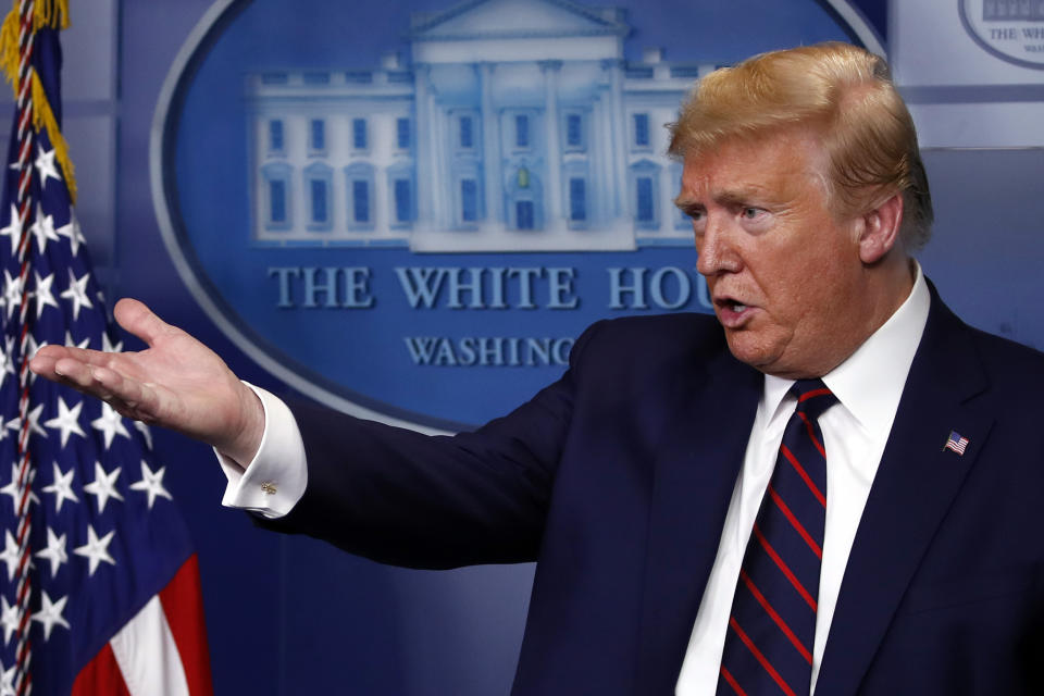 President Donald Trump speaks about the coronavirus in the James Brady Press Briefing Room of the White House, Thursday, April 2, 2020, in Washington. (AP Photo/Alex Brandon)