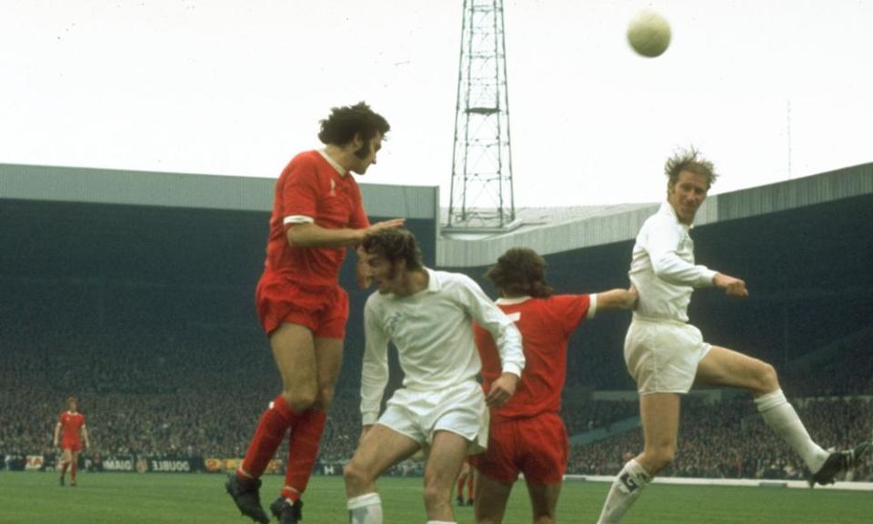 Jack Charlton, right, and Paul Madeley of Leeds, taking on Larry Lloyd and Kevin Keegan of Liverpool in 1972.