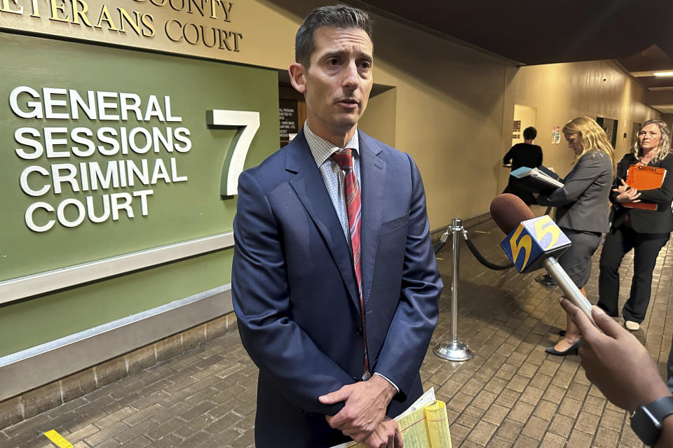 Defense lawyer Blake Ballin speaks with reporters, Tuesday, July 9, 2024, in Memphis, Tenn., after a hearing in the case of U.S. Army veteran Karl Loucks, who is charged with first-degree murder in the fatal shooting of a homeless man. (AP Photo/Adrian Sainz)