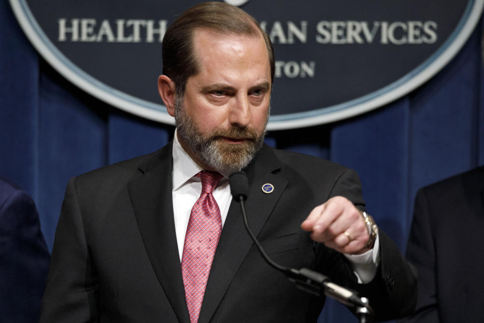 FILE - In this Feb. 7, 2020, file photo, Health and Human Services Secretary Alex Azar, who is also chairman of the President's Task Force on the Novel Coronavirus, speaks at the Health and Human Services headquarters in Washington. Azar will visit Taiwan in coming days in the highest-level visit by an American Cabinet official since the break in formal diplomatic relations between Washington and Taipei in 1979. (AP Photo/Jacquelyn Martin, File)