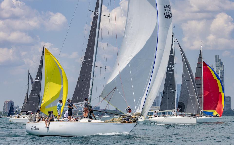 Fast Tango, owned by Tim Prophit of St. Clair Shores, at the start of the Chicago to Mackinac race on Lake Michigan Saturday, July 22, 2023.