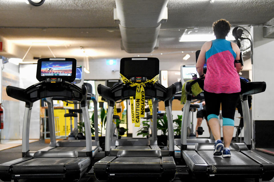 Equipment is taped off to ensure members follow social distancing rules at Hiscoes Gym in Sydney. Source: AAP Image/Bianca De Marchi