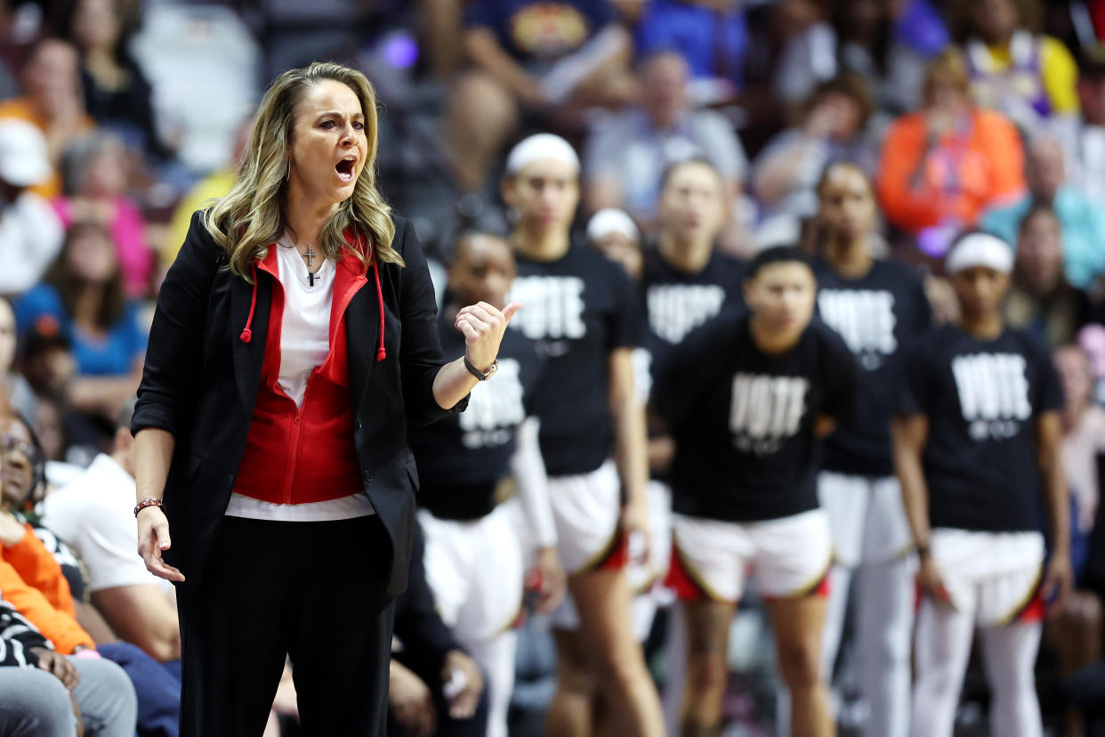 Las Vegas Aces head coach Becky Hammon reacts during Game 4 of the 2022 WNBA Finals against the Connecticut Sun at Mohegan Sun Arena in Uncasville, Connecticut, on Sept. 18, 2022. (Maddie Meyer/Getty Images)