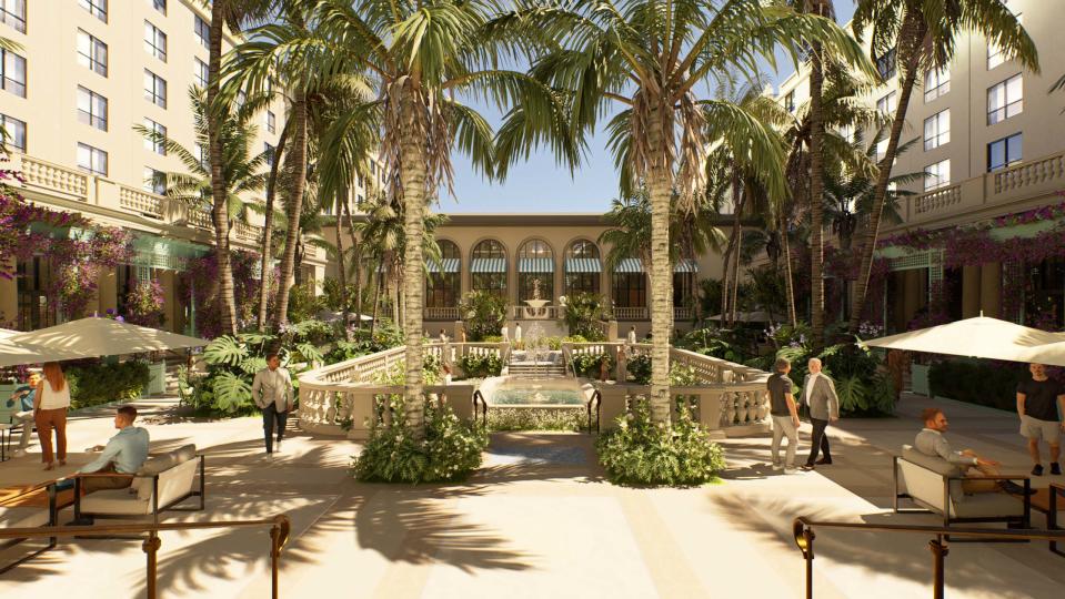 This rendering looking from the west to the east shows proposed changes to the Mediterranean Courtyard at The Breakers in Palm Beach.