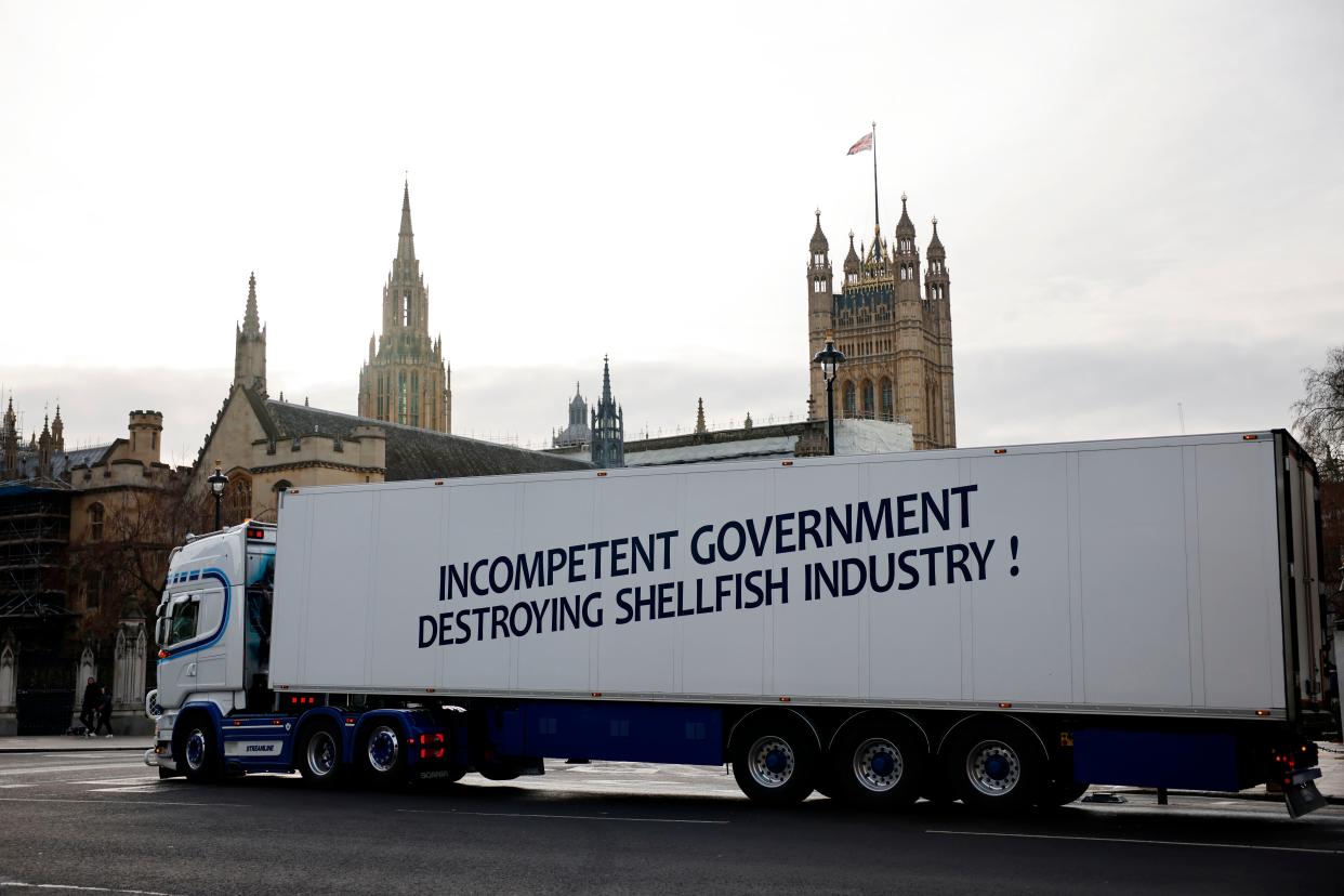 <p>Fishing industry protest outside Parliament, against post-Brexit red tape in London, January 18, 2021</p> (AFP via Getty Images)