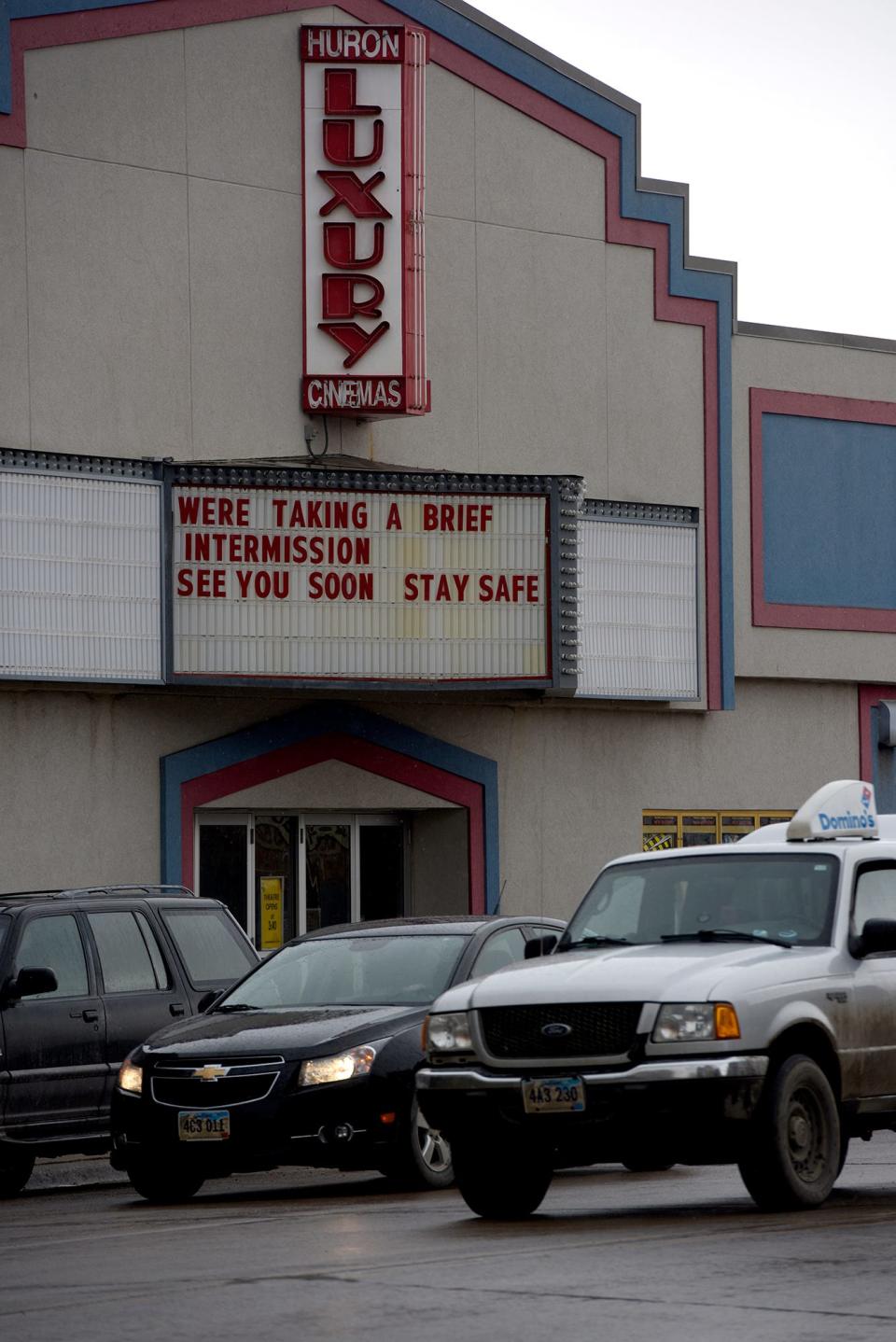 The marquee at Luxury Cinemas in Huron, South Dakota on Sunday, March 22, tells residents to "stay safe."