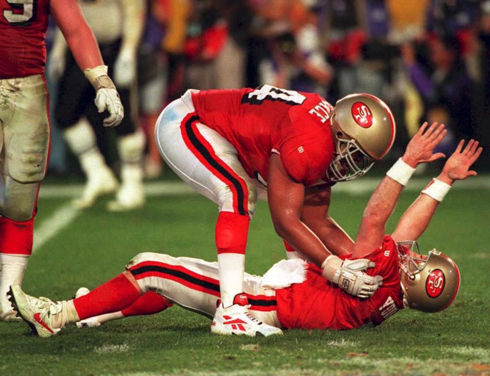 Steve Young after throwing one of his Super Bowl record 6 TDs. (Doug Collier/AFP via Getty Images)