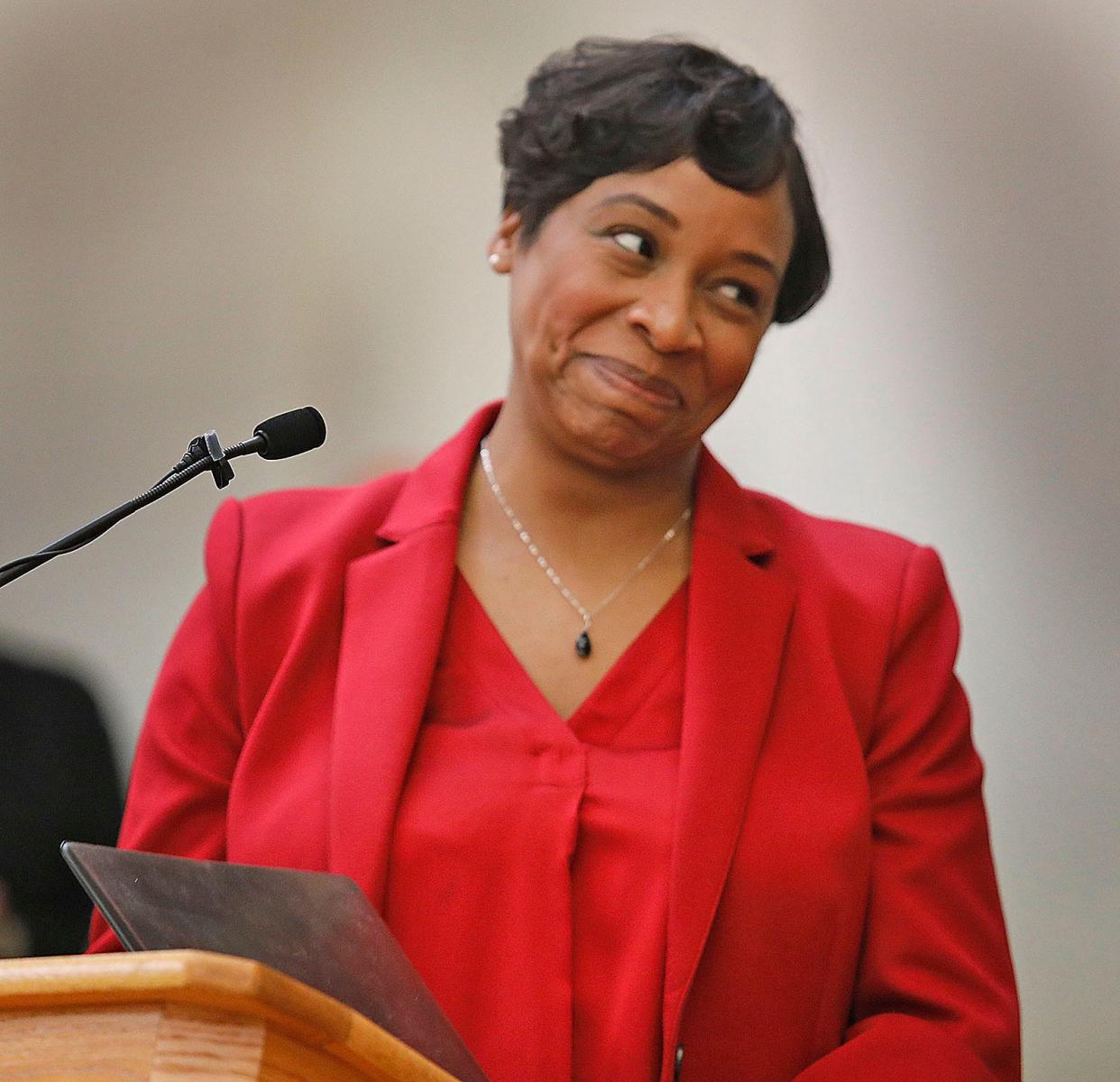 Attorney General Andrea Campbell speaks at Law Day at Quincy District Court, which celebrated the 100th birthday of former Massachusetts Attorney General Francis X. Bellotti, the courthouse's namesake, on Wednesday, May 3, 2023.