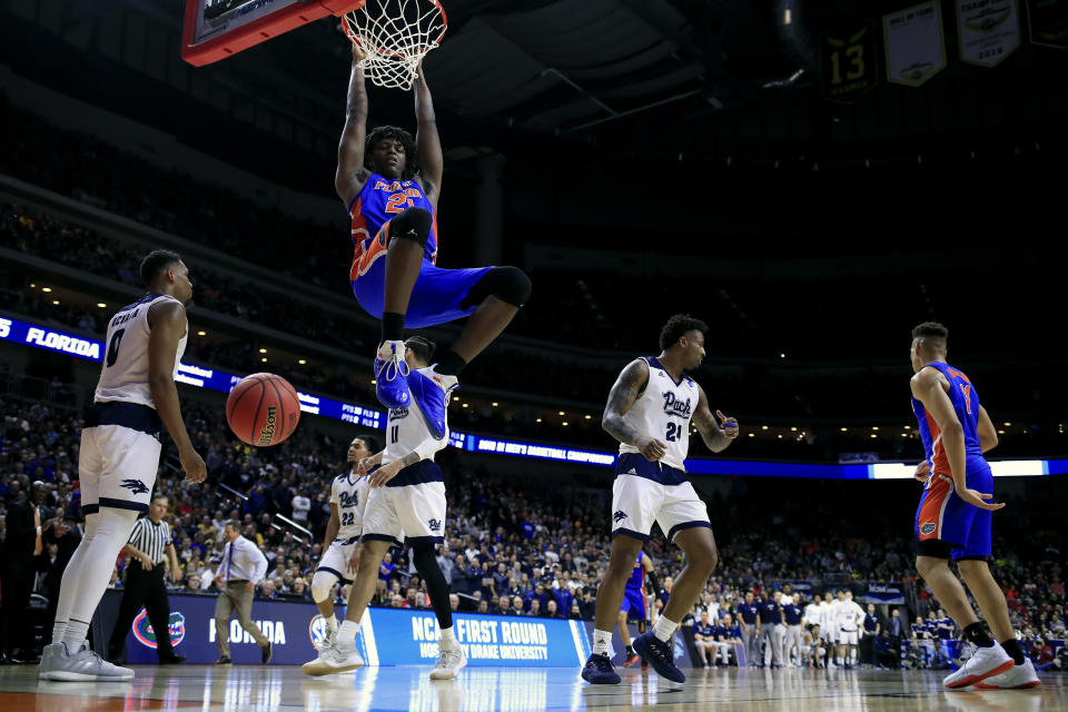 <p>Dontay Bassett #21 of the Florida Gators dunks the ball against the Nevada Wolf Pack in the second half during the first round of the 2019 NCAA Men’s Basketball Tournament at Wells Fargo Arena on March 21, 2019 in Des Moines, Iowa. </p>