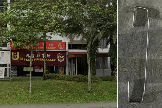 U Stars Supermarket at Choa Chu Kang Avenue 7 (left), where an attempted robbery allegedly happened by a man using a metal rod (right). 
