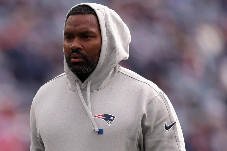 FOXBOROUGH, MASSACHUSETTS - OCTOBER 22: New England Patriots linebackers coach Jerod Mayo looks on before the game against the Buffalo Bills at Gillette Stadium on October 22, 2023 in Foxborough, Massachusetts. (Photo by Maddie Meyer/Getty Images)