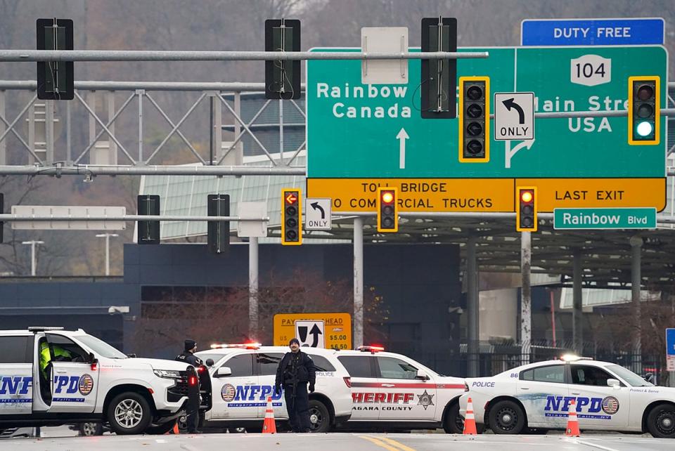 Law enforcement personnel block off the entrance to the Rainbow Bridge, Wednesday, Nov. 22, 2023, in Niagara Falls, N.Y. (AP)