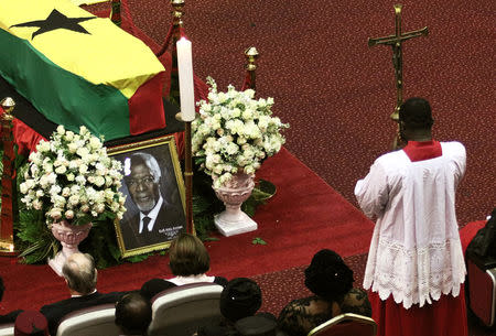 The flag-draped casket of the former United Nations Secretary General Kofi Annan, who died in Switzerland, is seen during the funeral service at the international Conference Centre in Accra, Ghana September 13, 2018. Reuters/Francis Kokoroko
