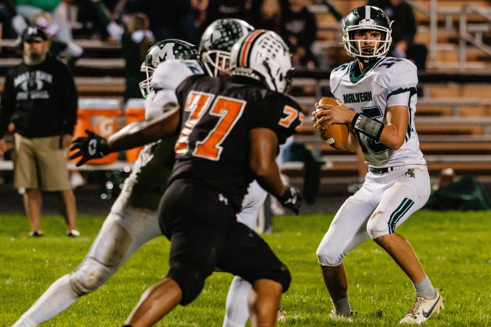 Malvern quarterback Jared Witherow gets set to throw at Newcomerstown, Friday, Oct. 6, 2023.