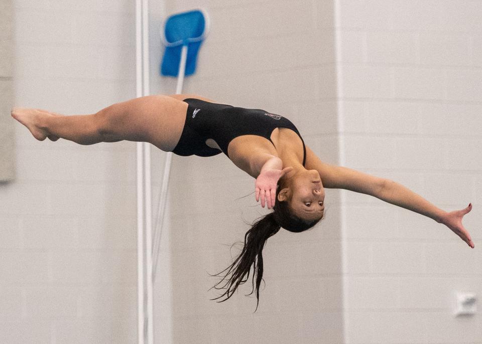 Palmyra’s Kristen Thai finished sixth in the District 3 Class 3A diving competition at Dover High School on Saturday, Feb. 24, 2024.