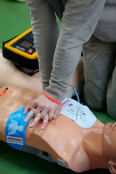 PHOTO: A life-saving AED Defibrillator first aid on a model is pictured here. (Getty Images)